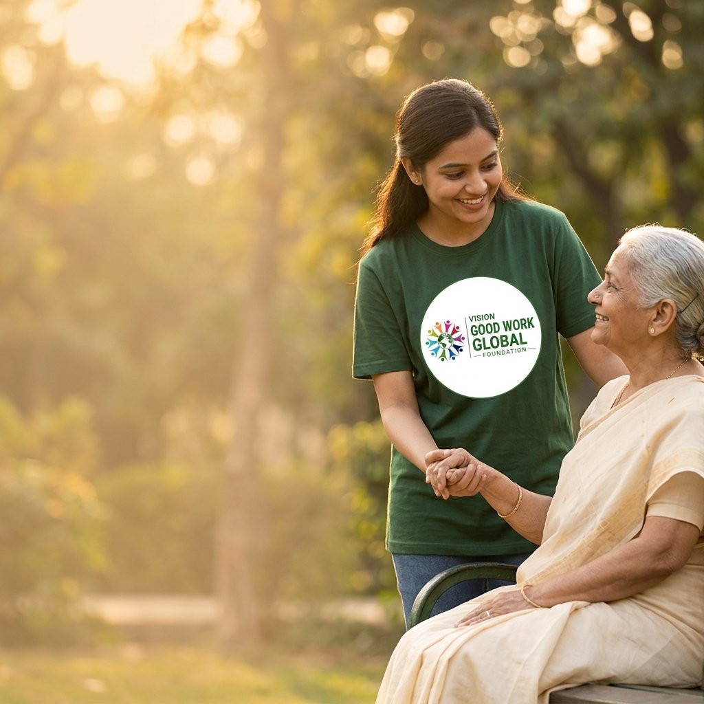 Volunteer helping elderly woman